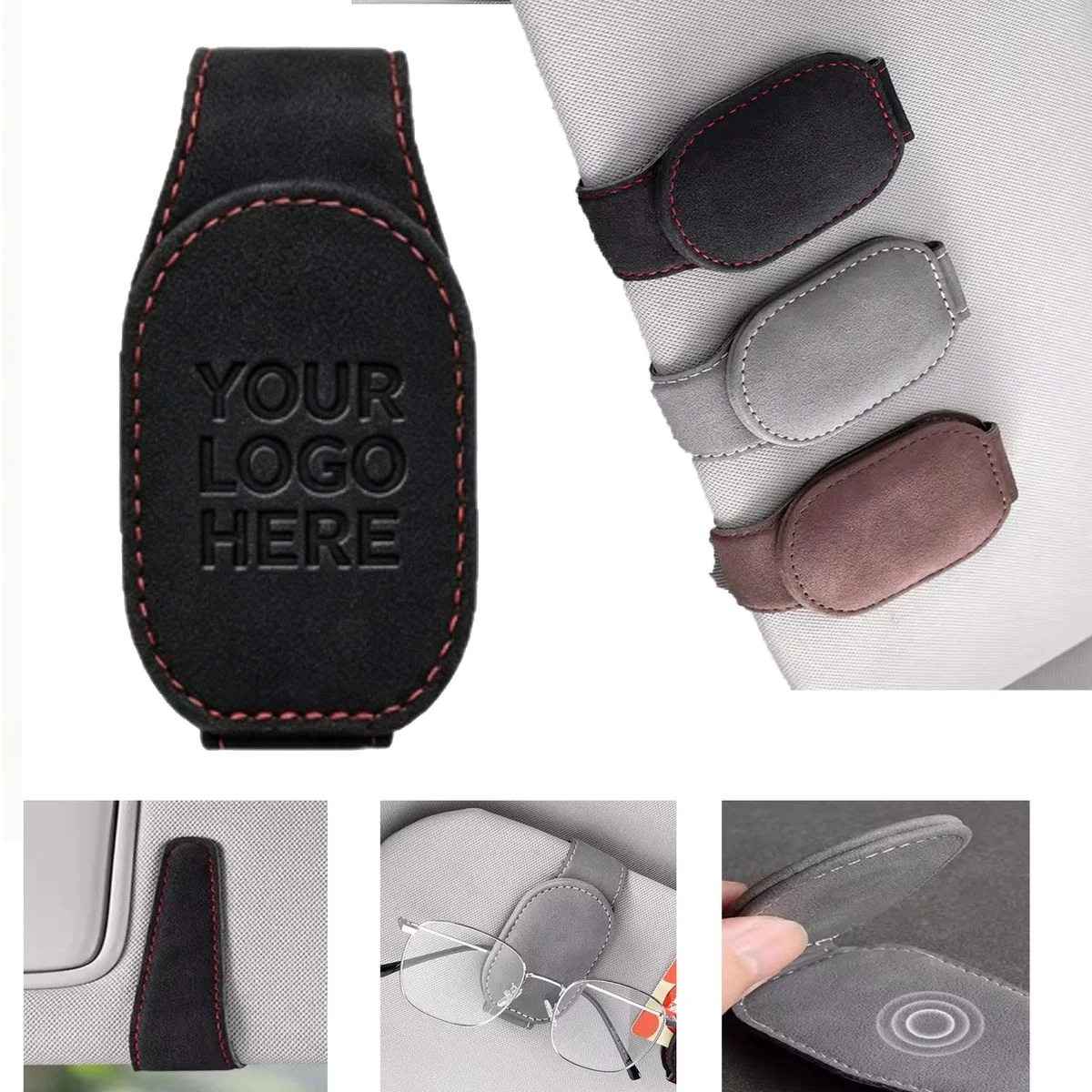 Custom Debossed Logo PU Leather Car Sun Visor Eyeglass Holder Clip 1