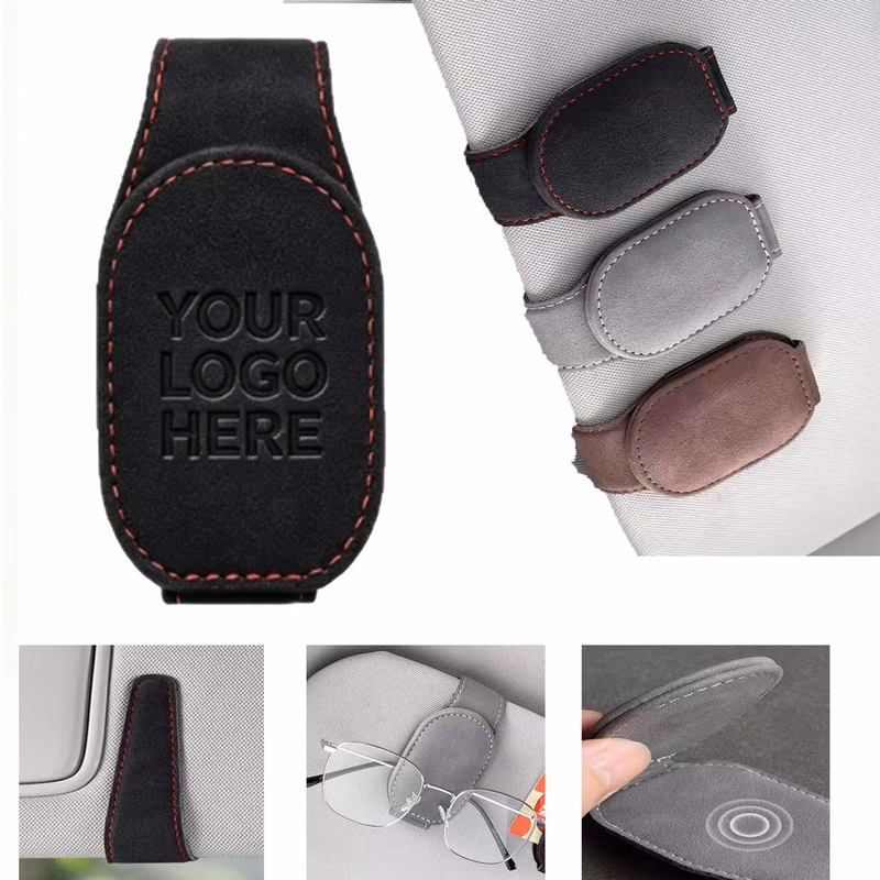 Custom Debossed Logo PU Leather Car Sun Visor Eyeglass Holder Clip