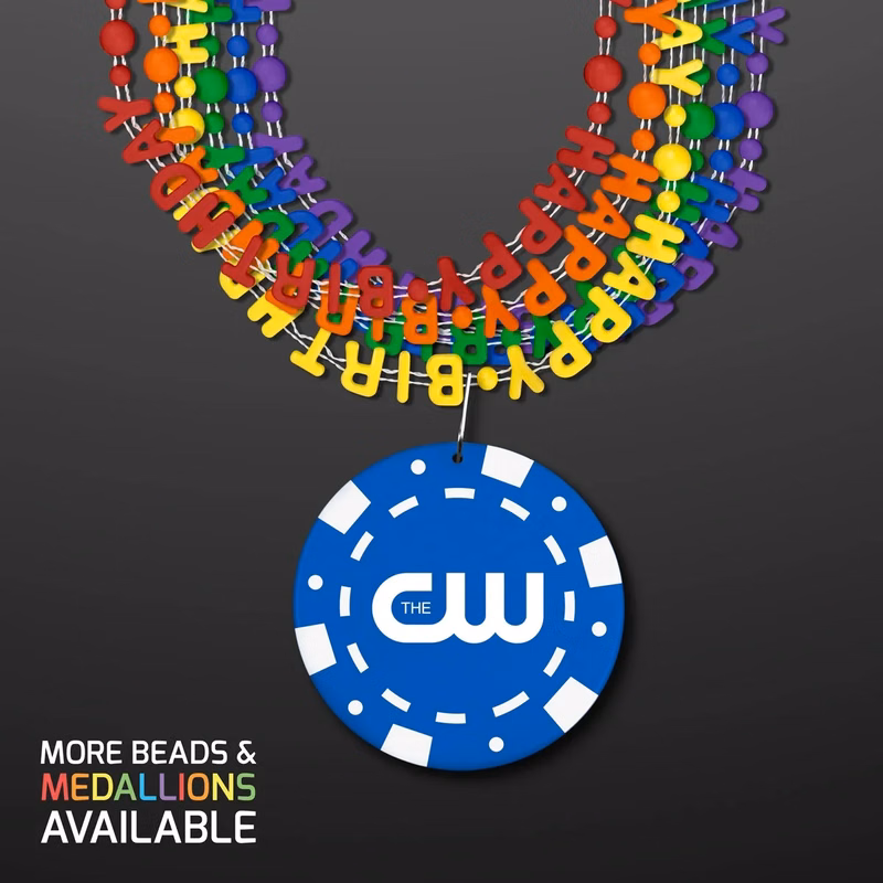 Happy Birthday Beads Necklaces w/ Blue Poker Chip Medallion