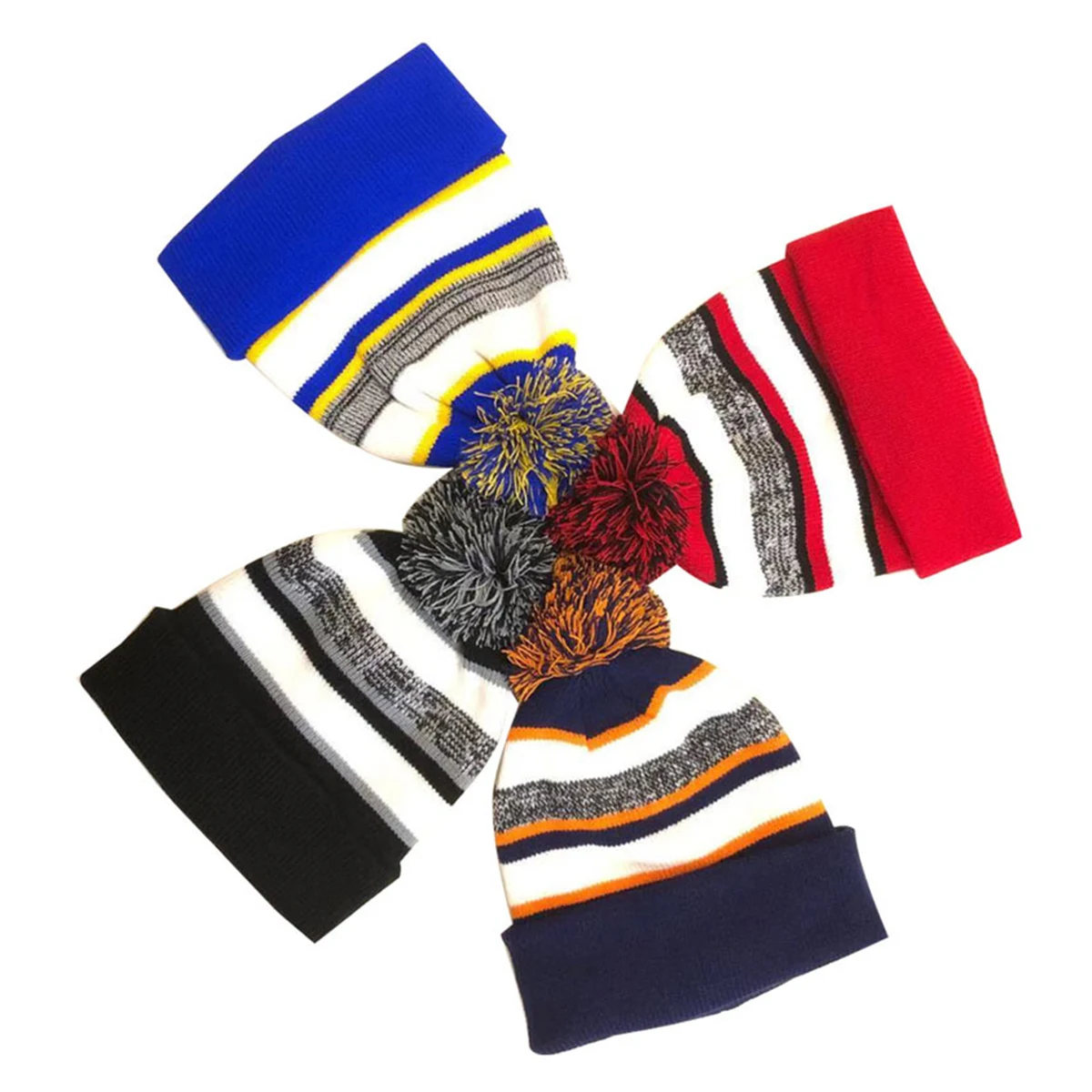 Custom Made Pom Striped Knitted Cuffed Beanie With Logo 1