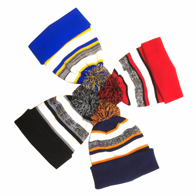 Custom Made Pom Striped Knitted Cuffed Beanie With Logo