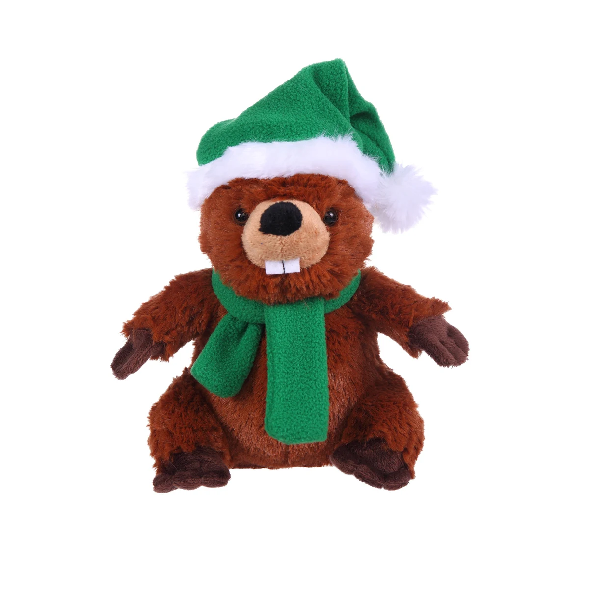 Soft Plush Sitting Beaver wearing a Christmas Scarf & Hat 1