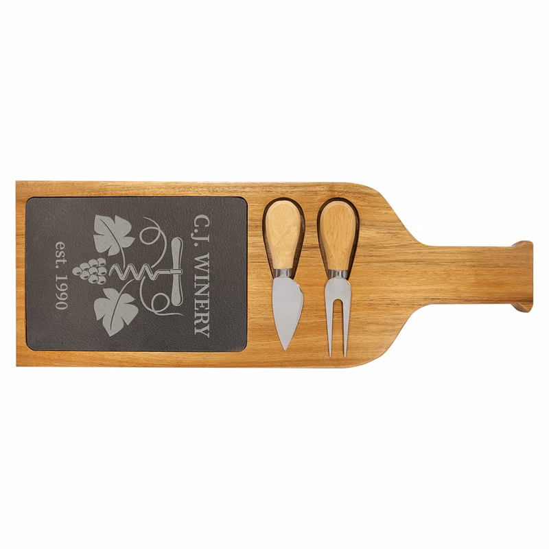 17" x 6" Acacia Wood/Slate Serving Board with Two Tools