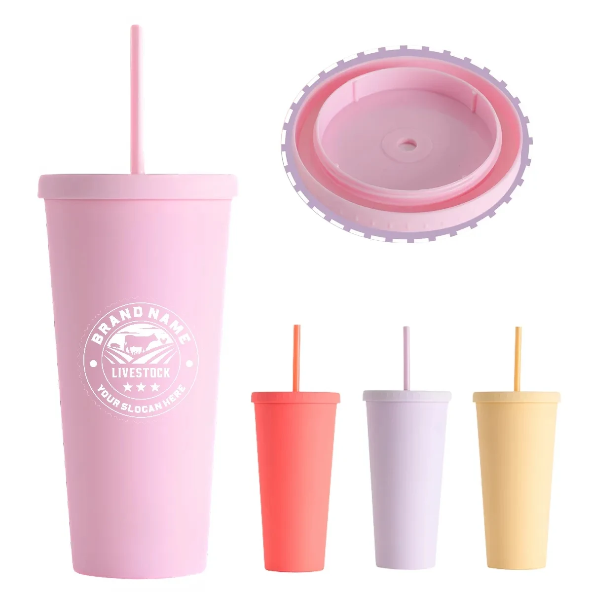 24OZ Candy Color Double-Layer Plastic Straw Cup with Lid 1