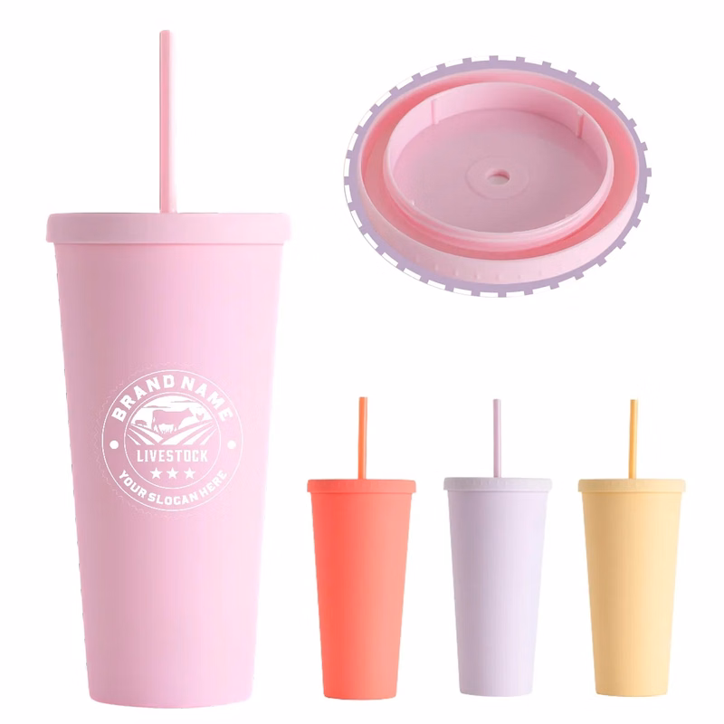 24OZ Candy Color Double-Layer Plastic Straw Cup with Lid