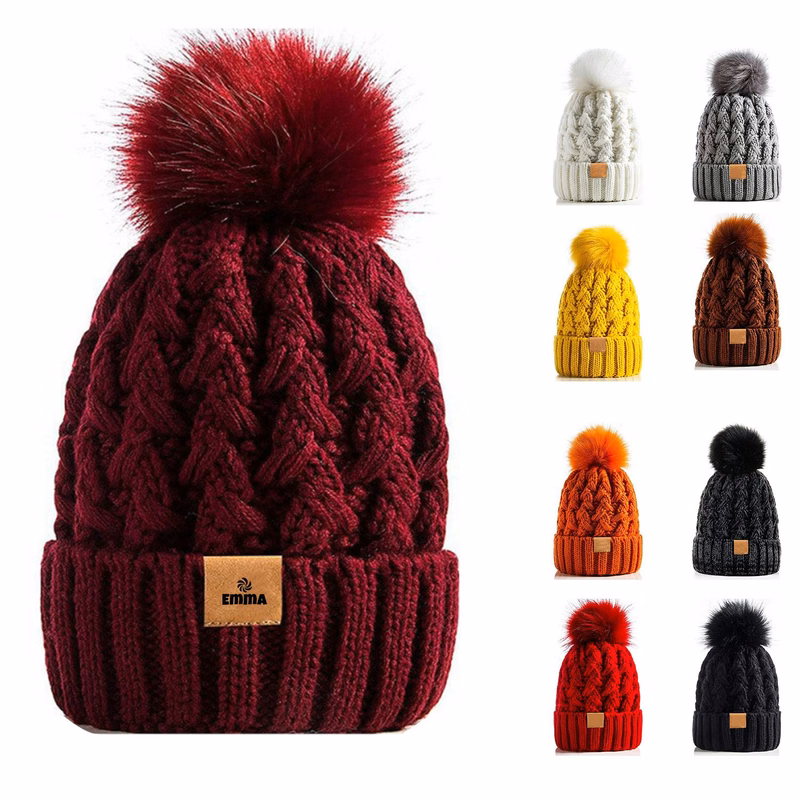 Women Chunky Cable Knit Pompom Beanie
