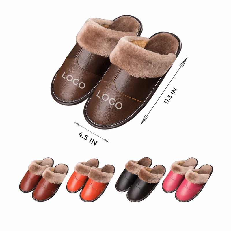 MOQ 10 PCS Winter Genuine Leather Warm Slippers