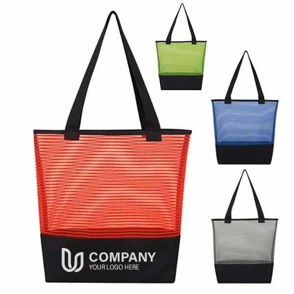 Sheer Mesh Pinstripe Tote Bag -15x16x3.75