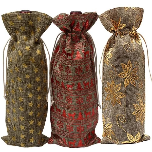 Christmas Drawstring Jute Wine Bag 1