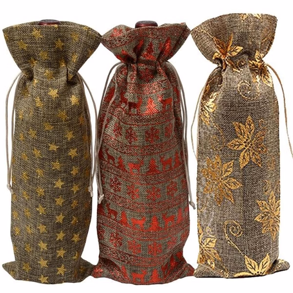 Christmas Drawstring Jute Wine Bag