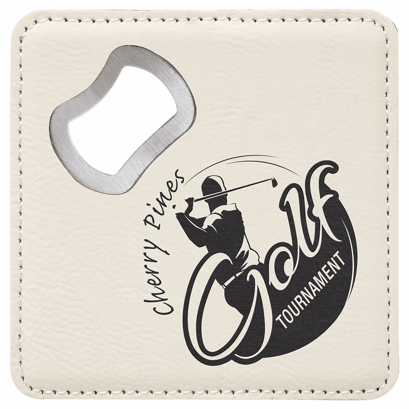4" x 4" Square White Leatherette Bottle Opener Coaster