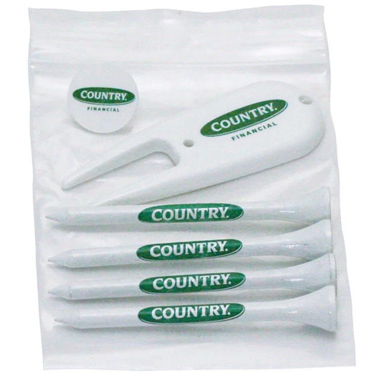 Golf Tee Polybag Combo Pack with (5) 2 3/4 Inch Tees and (1) Ball Marker (1) Divot Tool 1