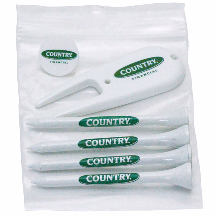 Golf Tee Polybag Combo Pack with (5) 2 3/4 Inch Tees and (1) Ball Marker (1) Divot Tool
