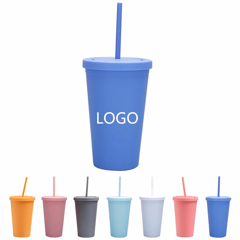 16 Oz Reusable Plastic Insulated Tumblers With Straw