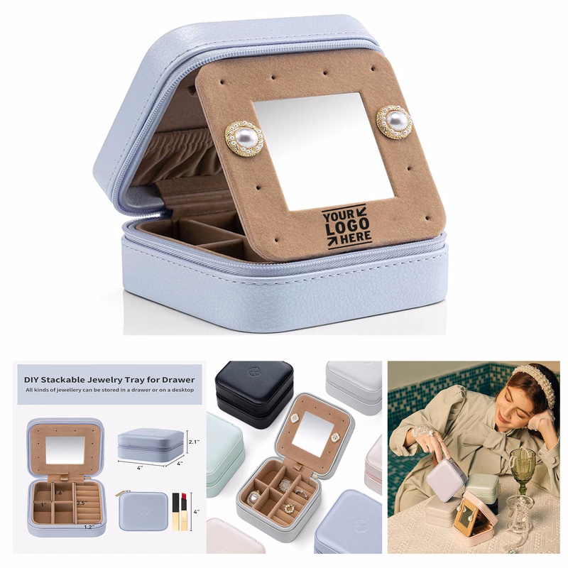 Women Girls Portable Plush Velvet Small Travel Jewelry Box Ring Necklace Storage Case with Mirror