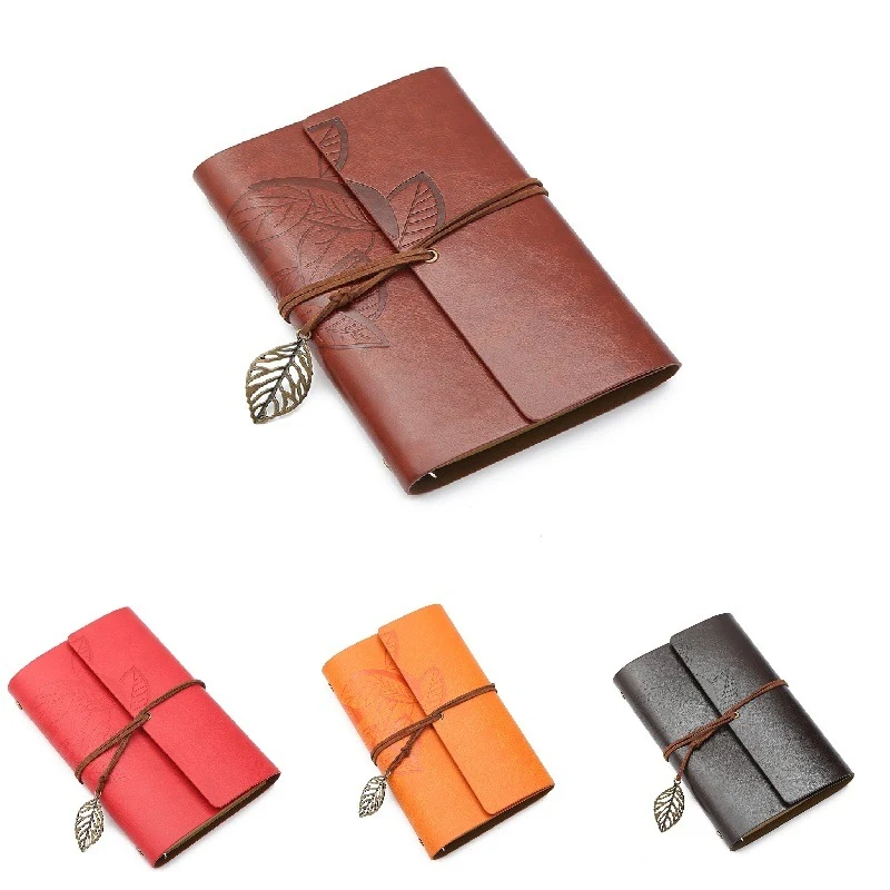 A6 PU Leather Refillable Loose-Leaf Journal W/ Leaf Pendant & Tie Closure 1