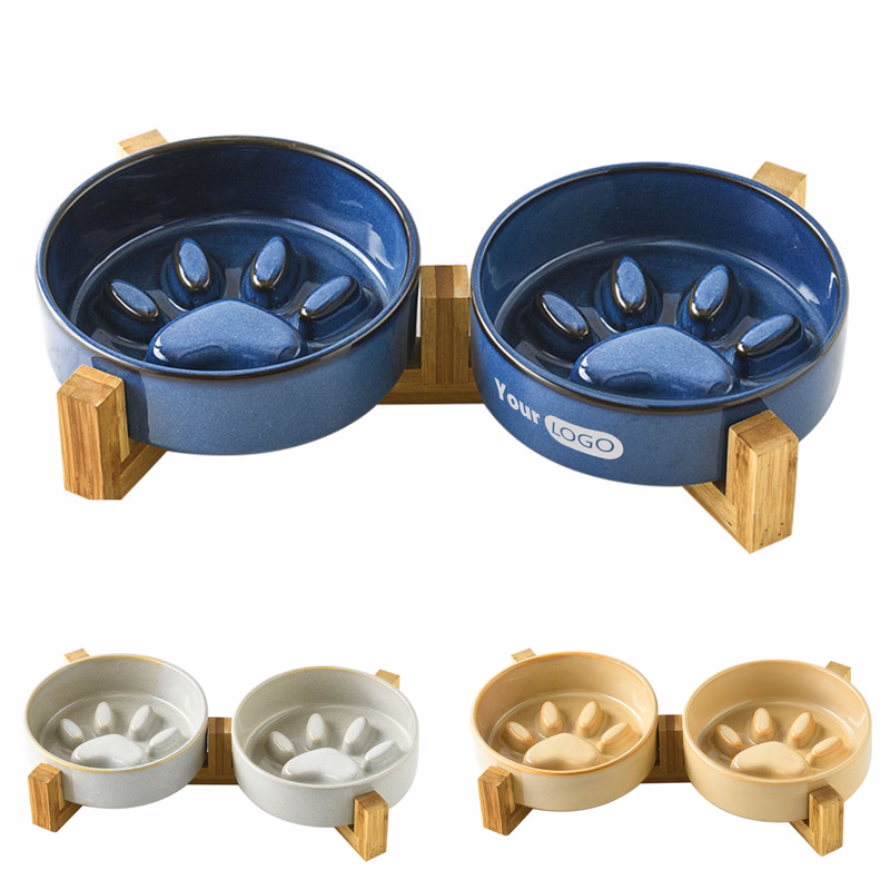 Ceramic Pet Slow Food Double Bowl With Wooden Frame