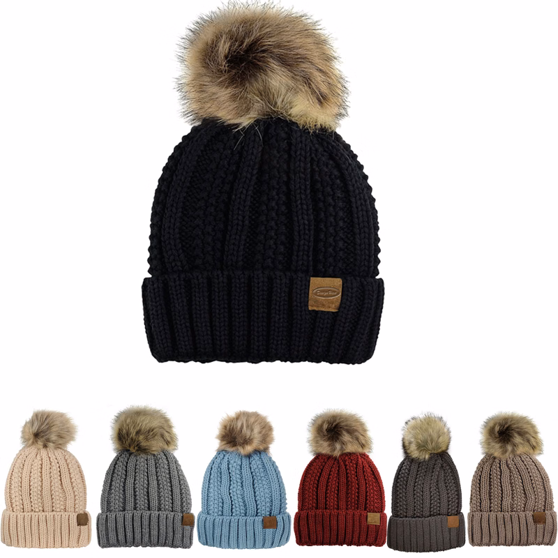 Faux Fur Pom Beanie, Cable Knit & Fleece Lined for Winter Warmth