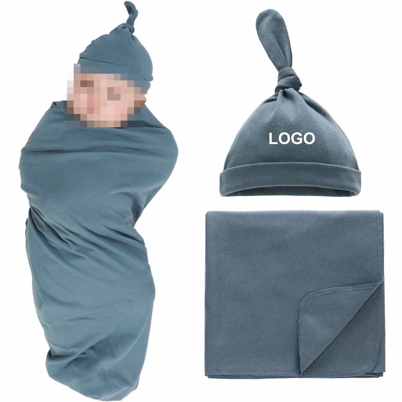 31.5"X31.5"Cotton Knitted Baby Swaddle Blanket With Hat Set