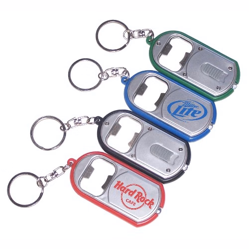 Ultra thin rectangular LED flashlight with metal bottle opener and deluxe swivel split key ring.