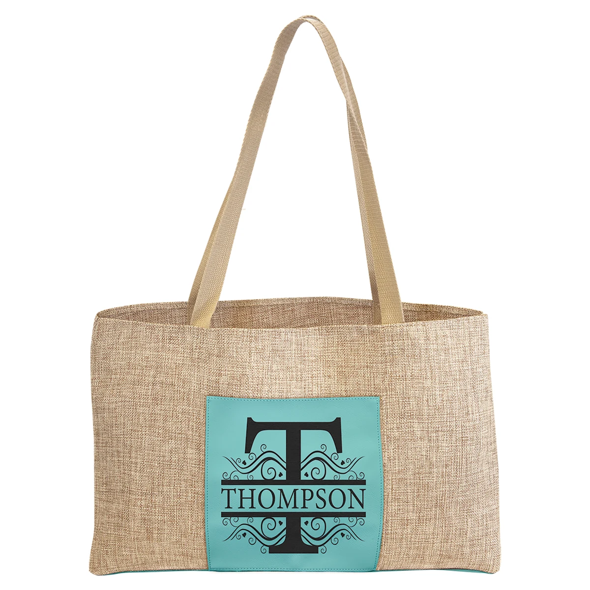 19" x 12" Burlap Bag with 5" Teal Leatherette Gusset 1