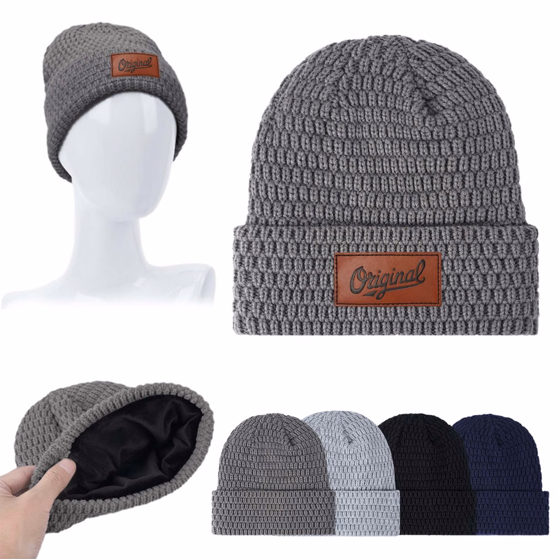 Fleece Lined Knit Beanie With Custom Leather Patch