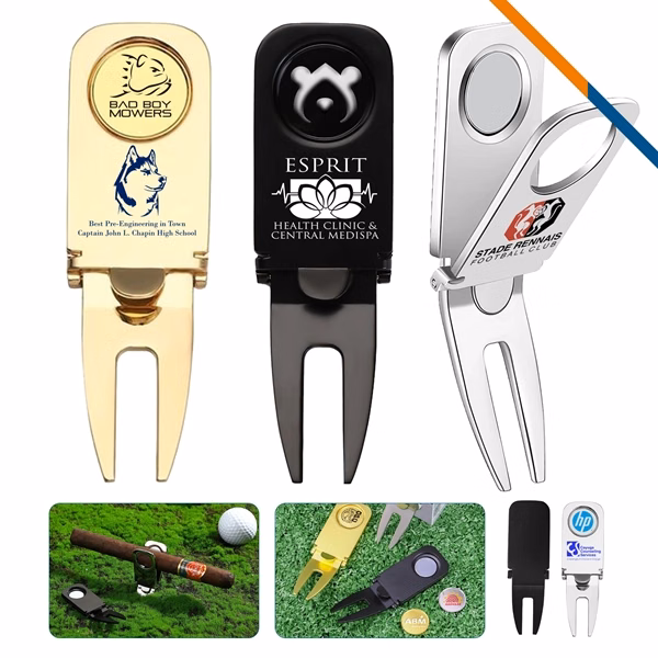 Custom Zinc Alloy Foldable Divot Tool with Magnetic Design — Golf Tournament Gift Item
