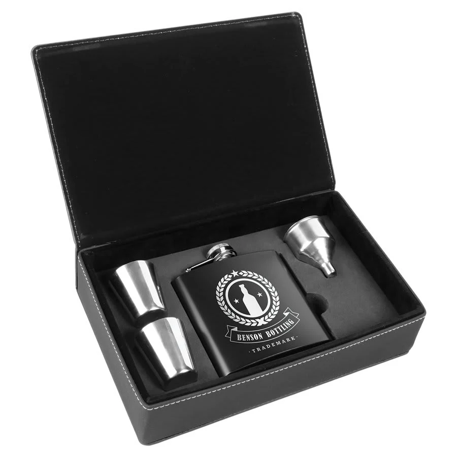 6 oz. Black Stainless Steel Flask Set in Black/Silver Leatherette Box, custom water bottle with logo imprint 1