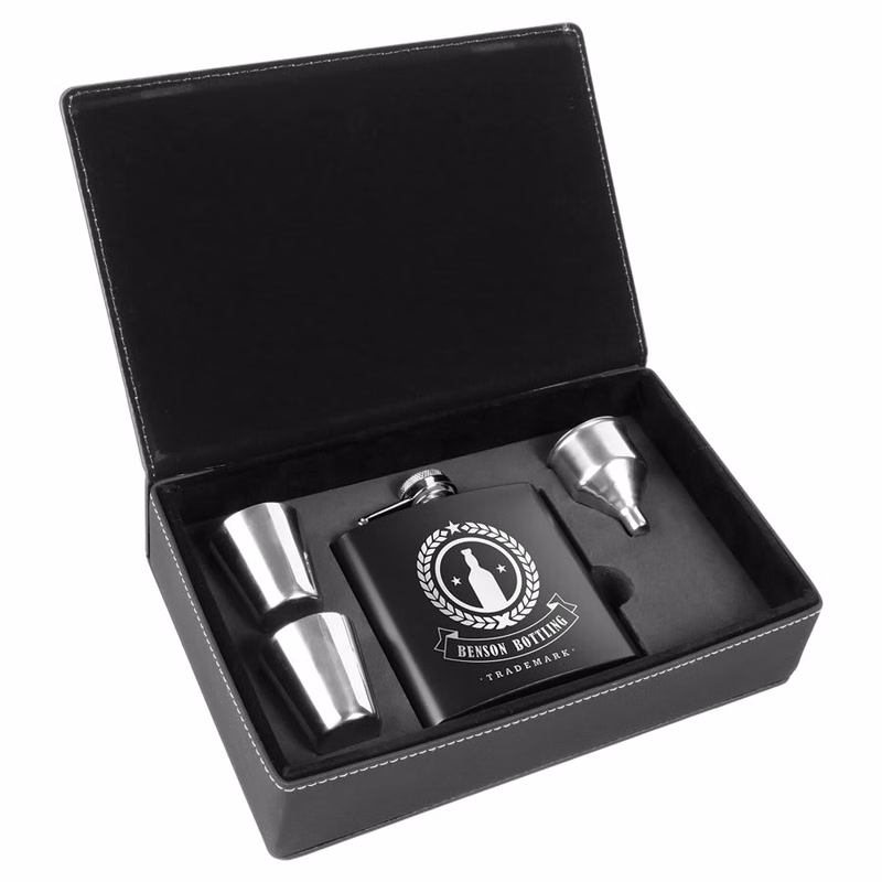 6 oz. Black Stainless Steel Flask Set in Black/Silver Leatherette Box