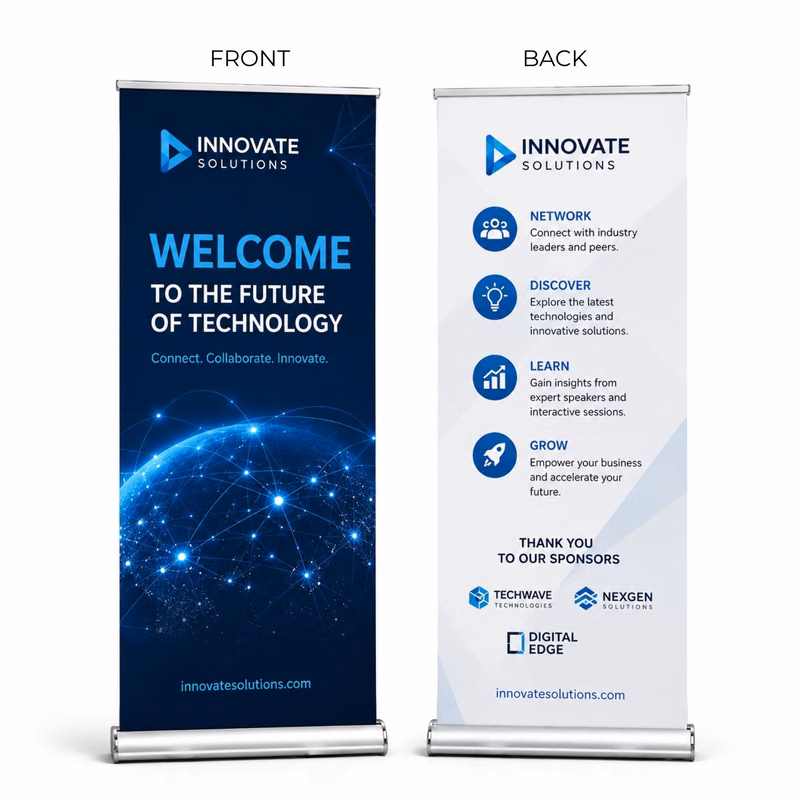 Sublimated Heavy Fabric Deluxe Wide Base Pull Up Banner with Double sided Graphics, 33.5x79