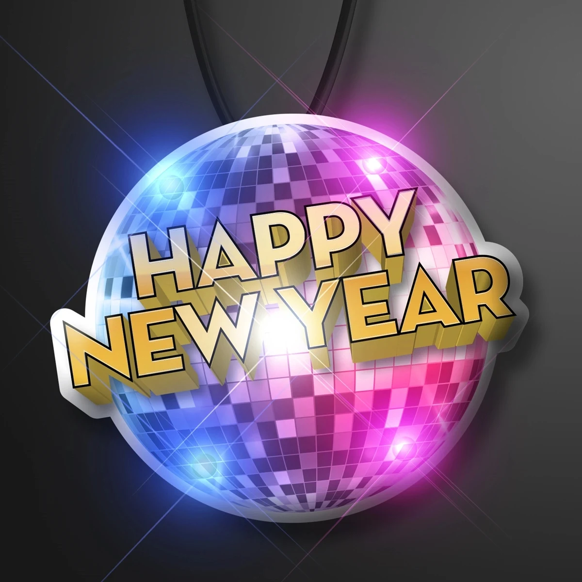 Happy New Year Disco Ball Blinkies on Black String Lanyard 1