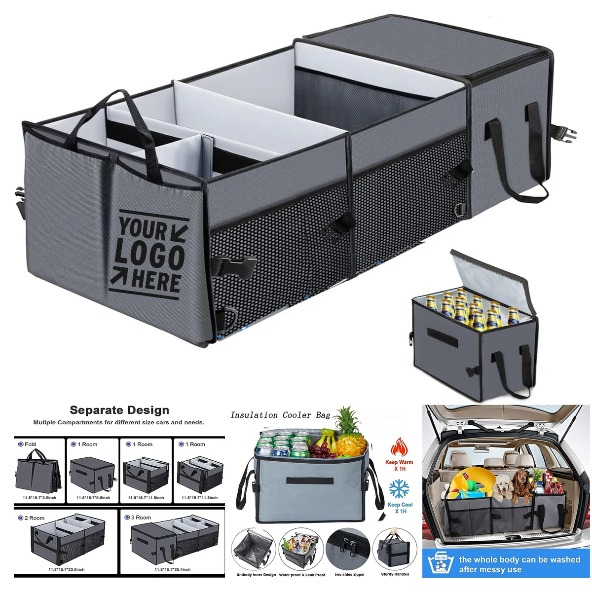 Washable Large Capacity Foldable Car Trunk Cargo Grocery Storage Organizer with Insulation Cooler B 1