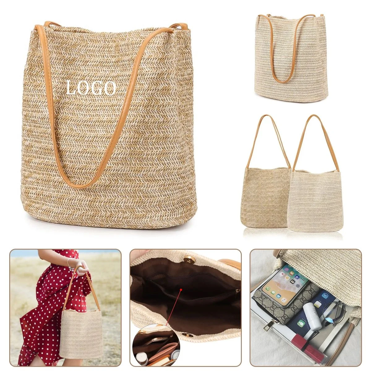 Straw Woven Large Capacity Shoulder Beach Bag, custom tote bag with logo imprint 1