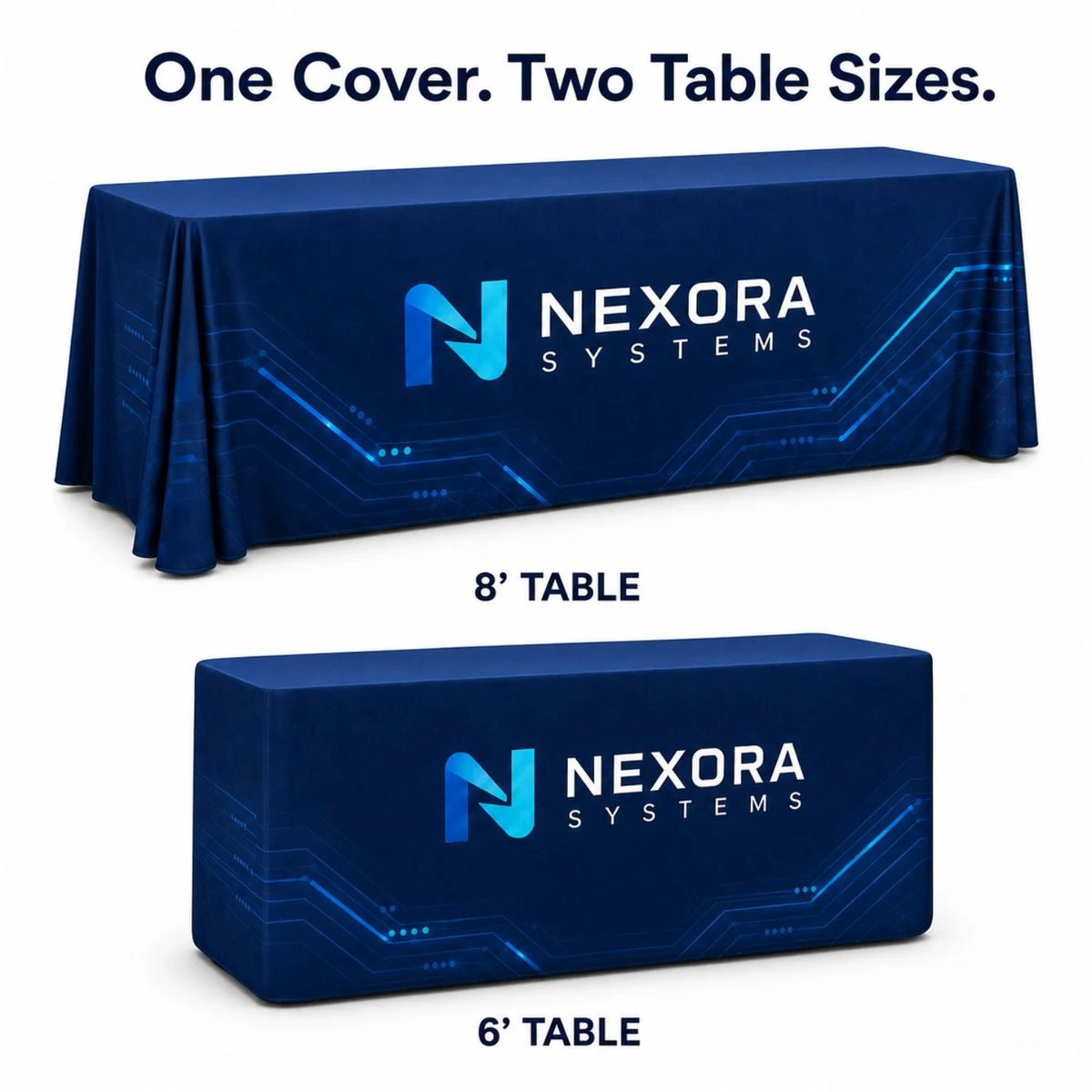 24Hr Express Ship - Sublimated Convertible Table Cloth, Converts from 8' to 6', Drape style, 4 sided 1