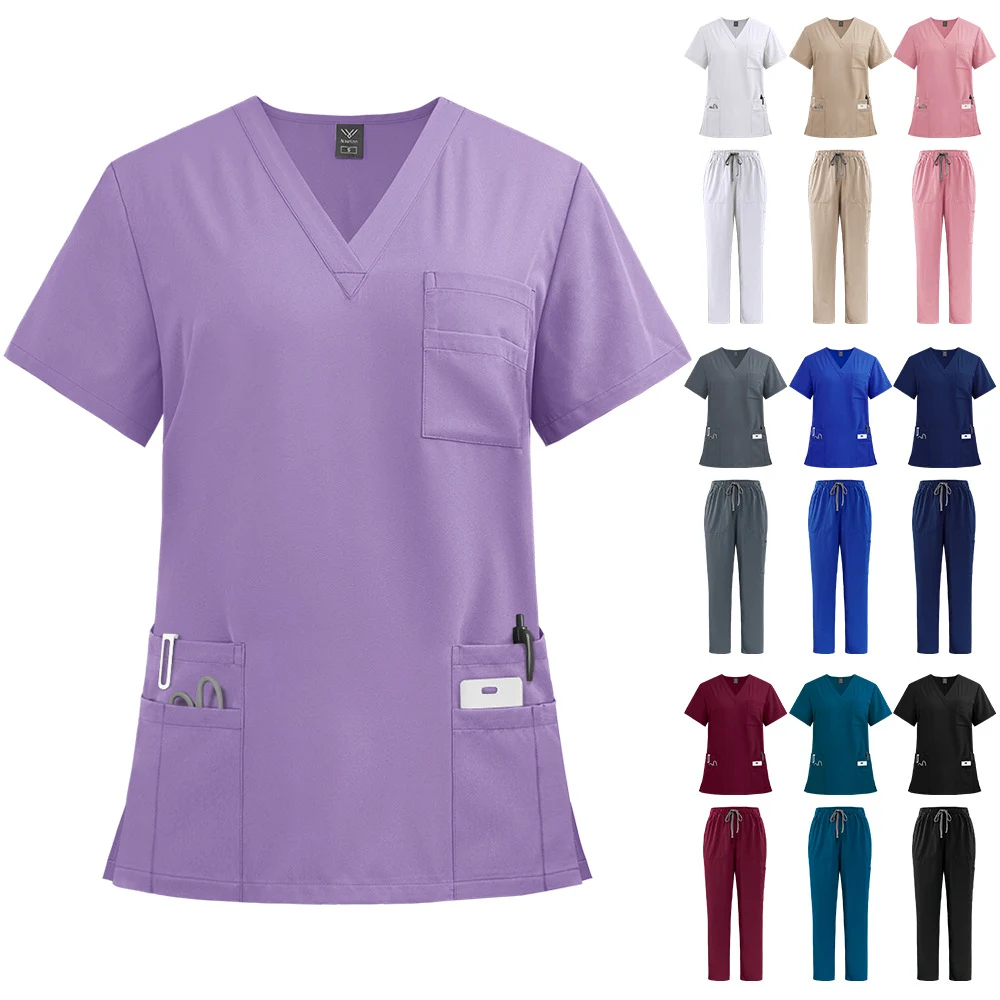 Solid nurse top and pants medical uniform women's scrub set 1