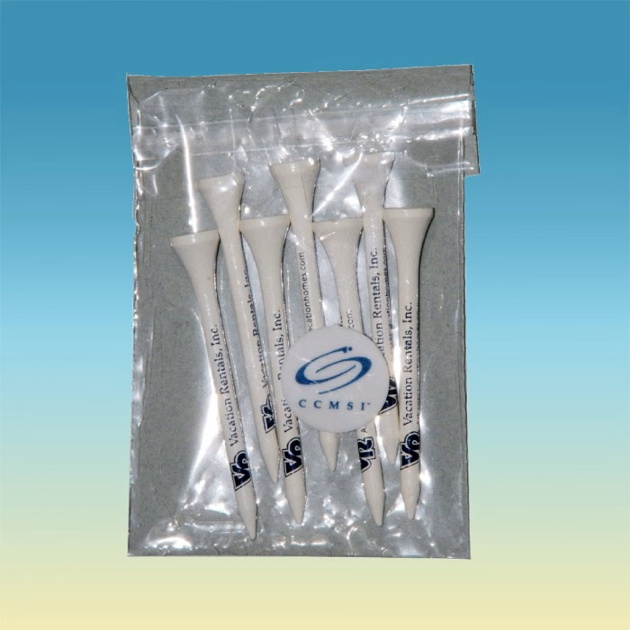 "Crystal Clear" Golf Tee Poly Bag Pack w/ Seven 2 3/4" Tees & One 1" Marker