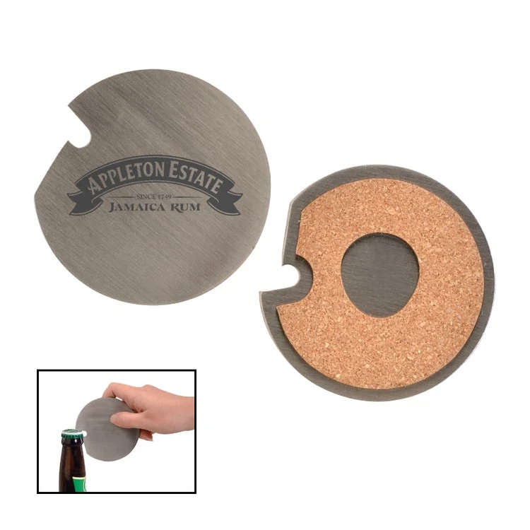 Stainless Steel Coaster with Cork Base and Bottle Opener 1