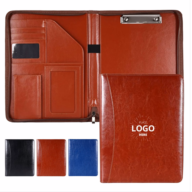 PU Leather Zippered Padfolio with Multi-Card Slots & Pocket