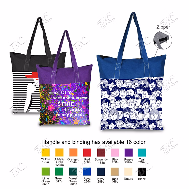 Two-Tone Full Color 5 oz Cotton Canvas Tote Bag with zip top 15"x15"x3.25"