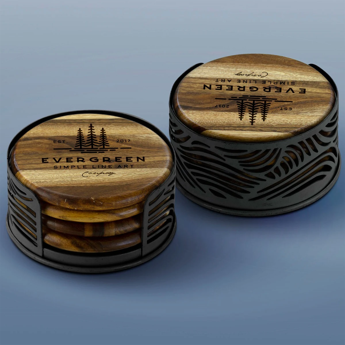 Acacia Wood Coaster: 4 Piece Round Set with Black Metal Stand 1