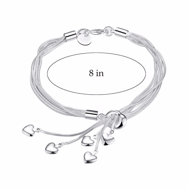 925 Sterling Silver Five-Line Chain with Five-Heart Bracelet