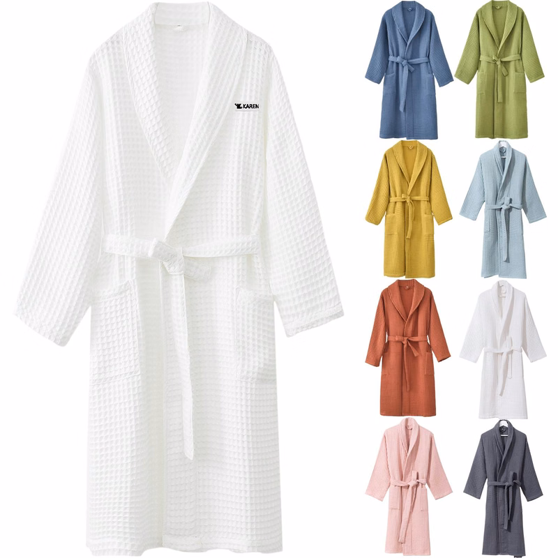Cotton Waffle Honeycomb Textured Long Sleeve Bathrobe