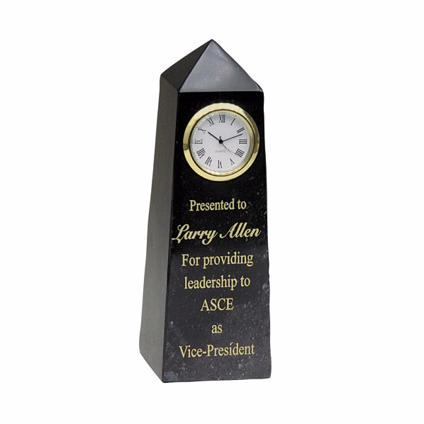 6" Black Marble Obelisk With Clock
