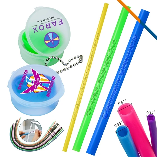 Custom Silicone Straw with Round Carrying Case — Portable Eco-Friendly Beverage Promo 1