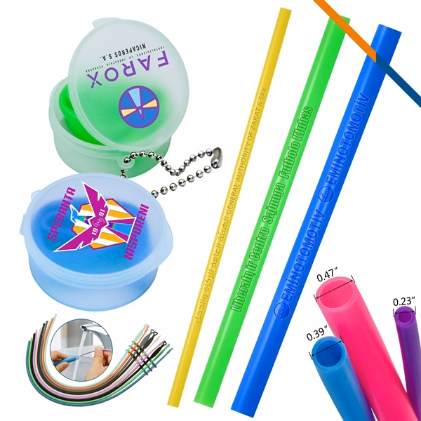 Custom Silicone Straw with Round Carrying Case — Portable Eco-Friendly Beverage Promo