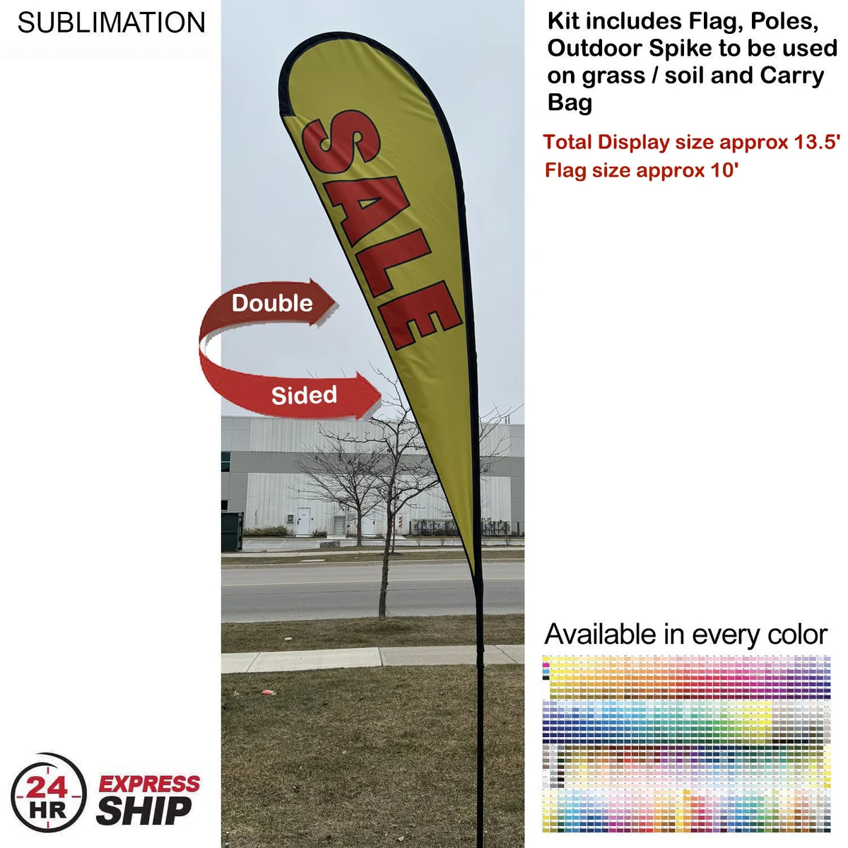 24Hr Express Ship - 13.5' Large Tear Drop Flag Kit, Full Color Graphics Double Side, Spike and Bag. 1