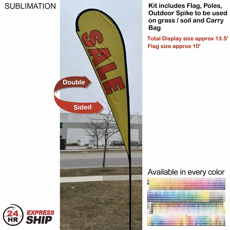 24Hr Express Ship - 13.5' Large Tear Drop Flag Kit, Full Color Graphics Double Side, Spike and Bag.