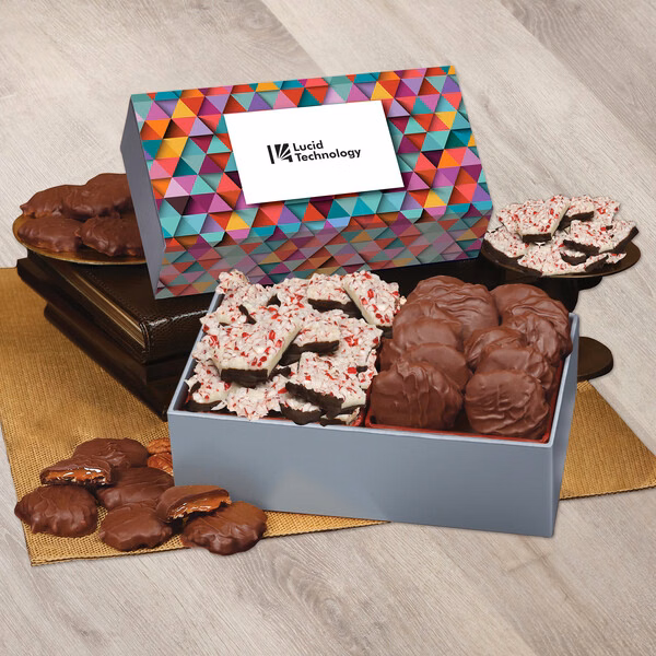 Peppermint Bark & Pecan Clusters in Gift Box with Triangles Sleeve