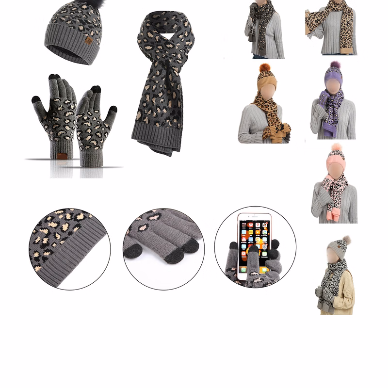 3 Piece Leopard Pom-pom Beanie Gloves Set