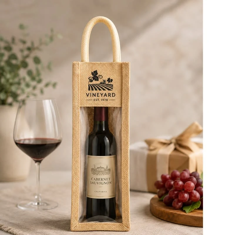 Clear Front 1 Wine Bottle Jute Totes, custom tote bag with logo imprint 1